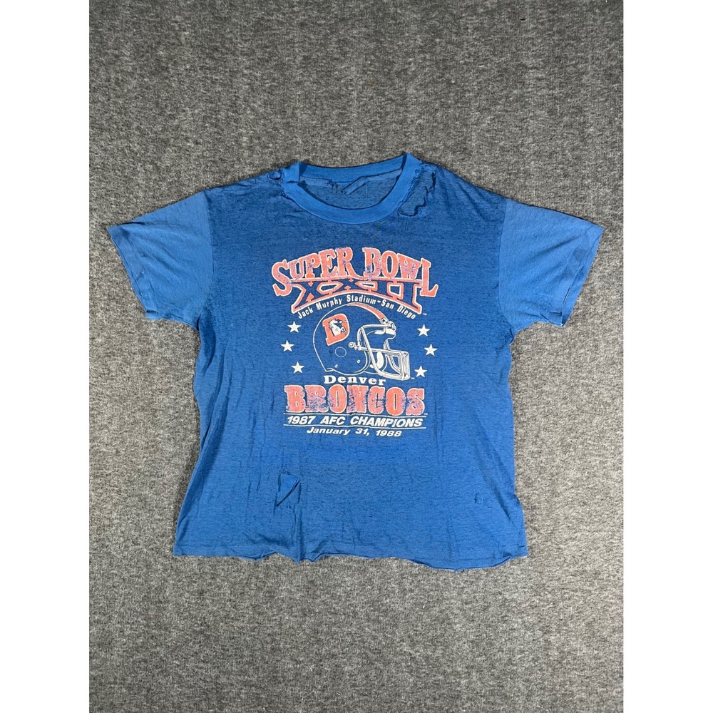 Vintage 80s Denver Broncos Tshirt Super Bowl XXII 1987 AFC Champions Blue Medium